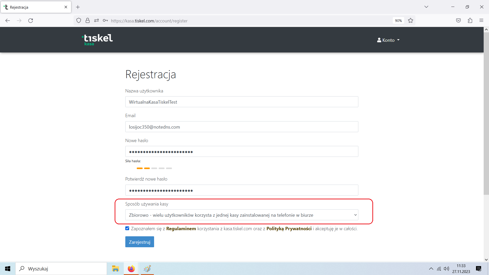 Wybór trybu zbiorowego podczas rejestracji